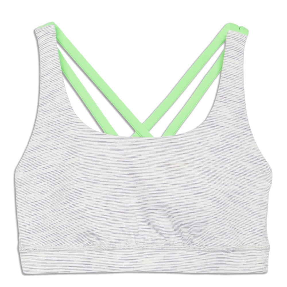 Lululemon Energy Bra, Size 10, Color is grey with green straps.